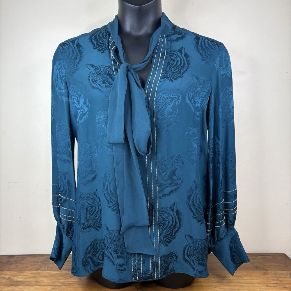 Roberto Cavalli Women Tie Neck Blouse Teal Tiger Print Silk Blend Shirt 42 M NWT